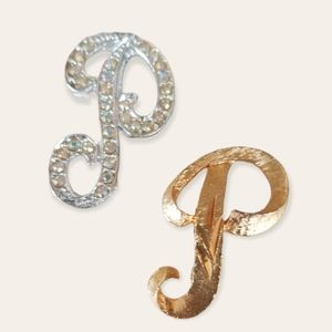Vintage Signed Mamselle and Rhinestone Initial P Brooch Set Gold and Silver Tone